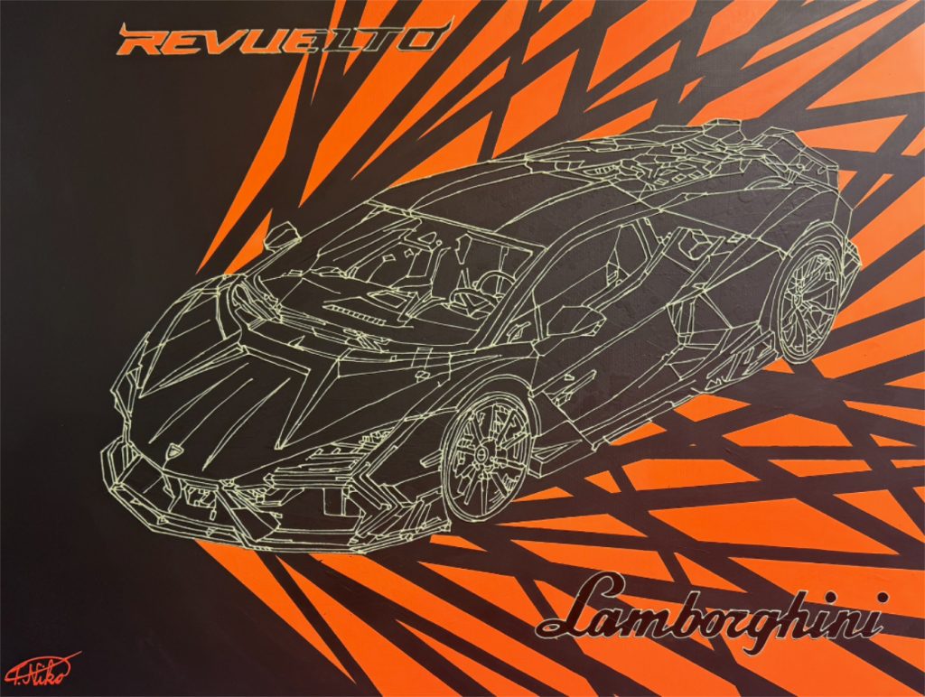 ©Theodoros Nikolaidis-The revoltution of Lamborghini Revuelto-acrylic_neon colors on canvas-130x100cm-2025