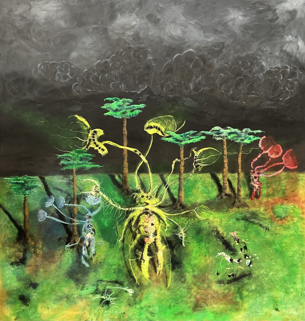 Amrah, Slivly and Quaran, Öl auf Leinwand, 160 x 150 cm, 2025