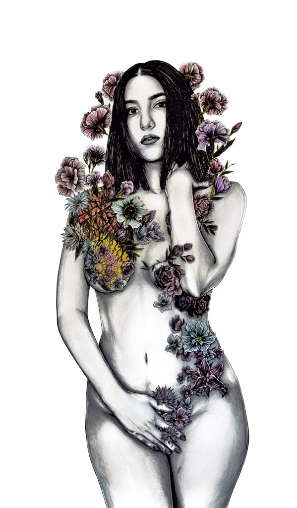 Resilience (Breast Cancer), Schwarzer Stift + Buntstifte auf Papier, 120 x 85 cm, 2019