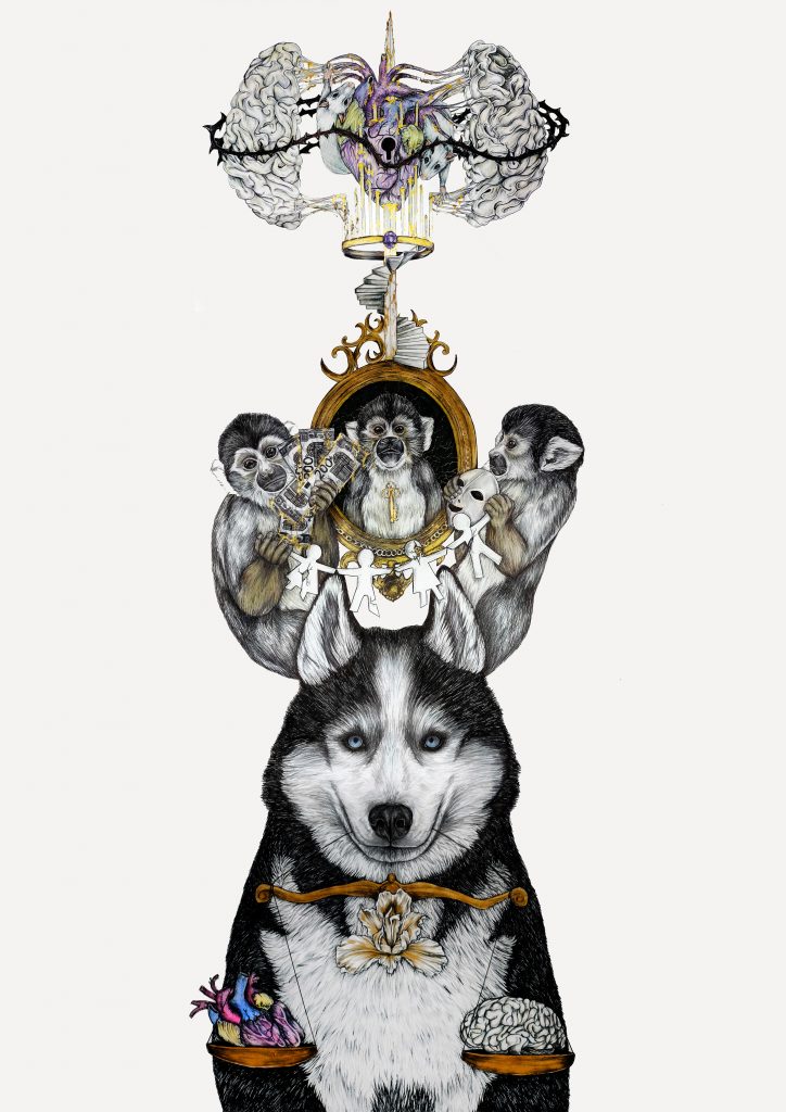 True to Ourselves, Schwarzer Stift + Buntstifte + Acrylmalerei auf Papier, 120 x 85 cm, 2020