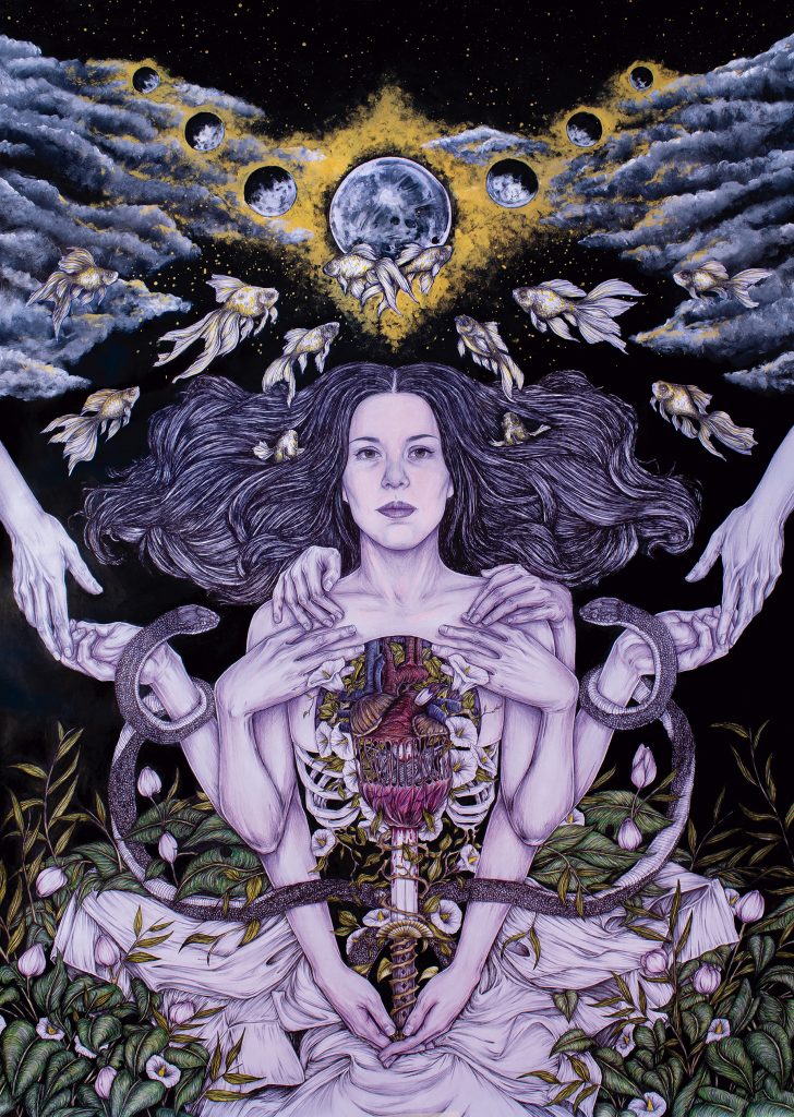 Έλα, Schwarzer Stift + Buntstifte + Acrylmalerei auf Papier, 120 x 85 cm, 2023