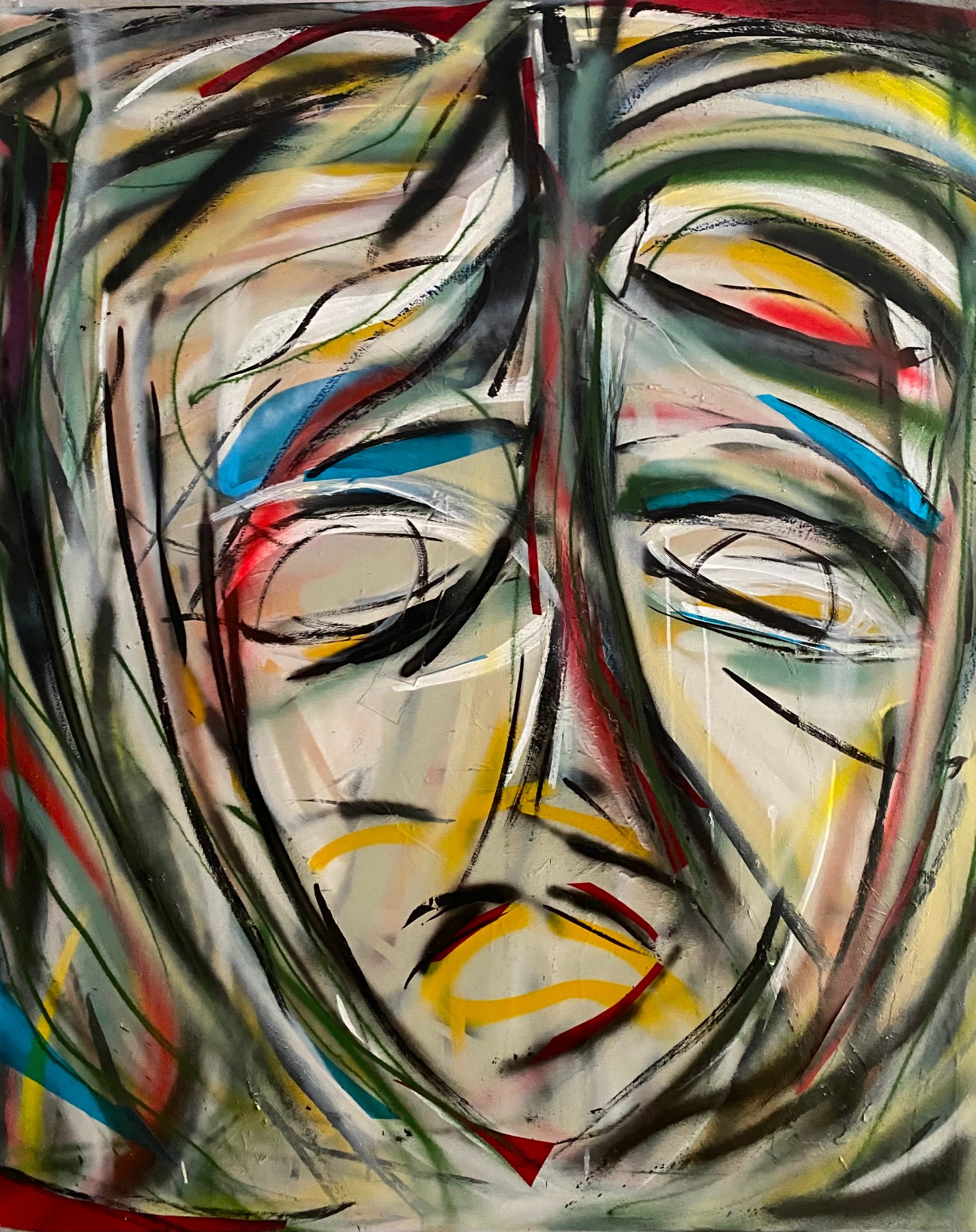 AMOR, Spray can, colorfilm, Oil Pastels Andink on canvas, 100 x 120 cm, 2026