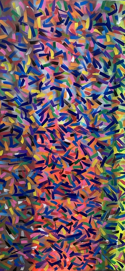 Konfetti für den Ernstfall, Mischtechnik auf Leinwand, 140 x 70 cm, 2026