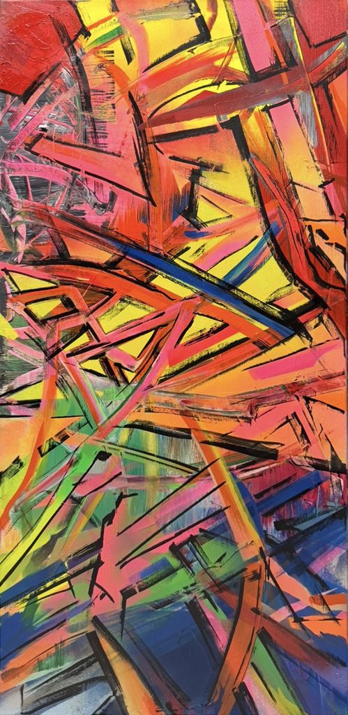 Topographie d. Beschleunigung, Mischtechnik auf Leinwand, 100 x 50 cm, 2026